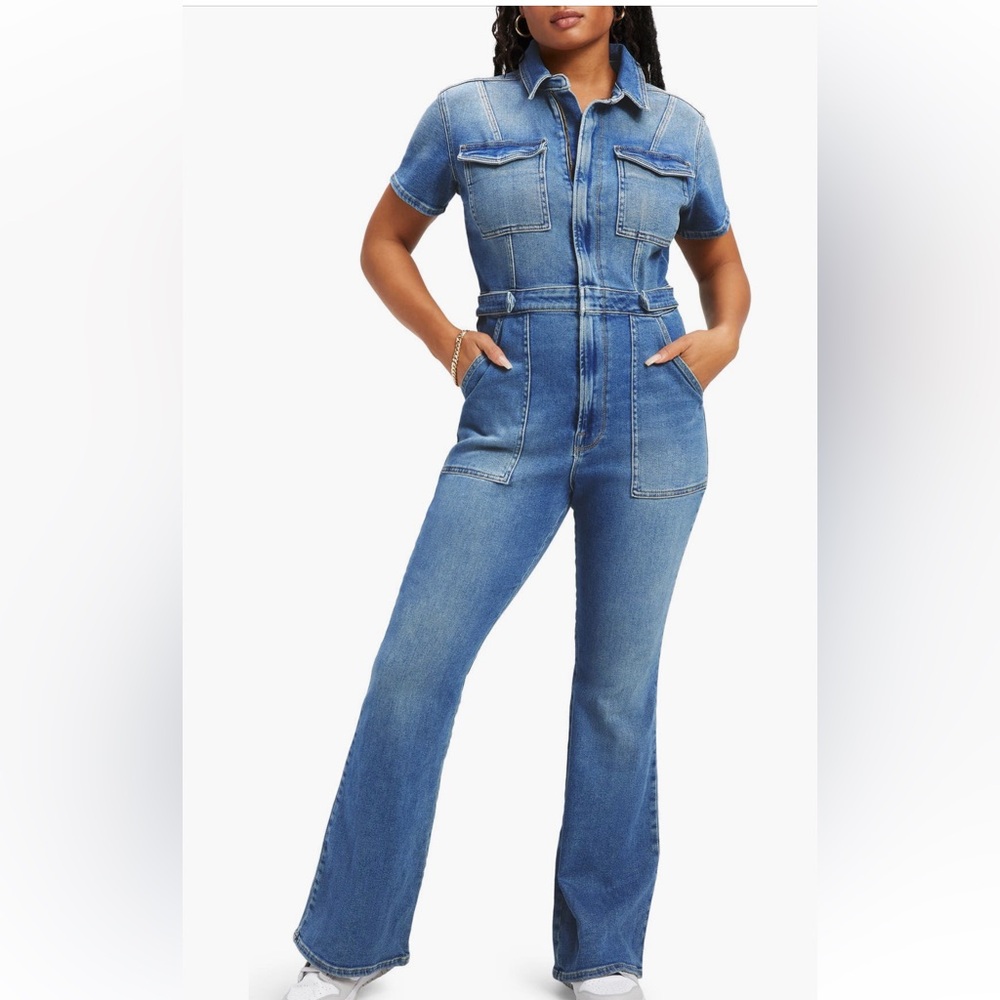 NWT GOOD AMERICAN Fit For Success Bootcut Jumpsuit Blue Denim XL